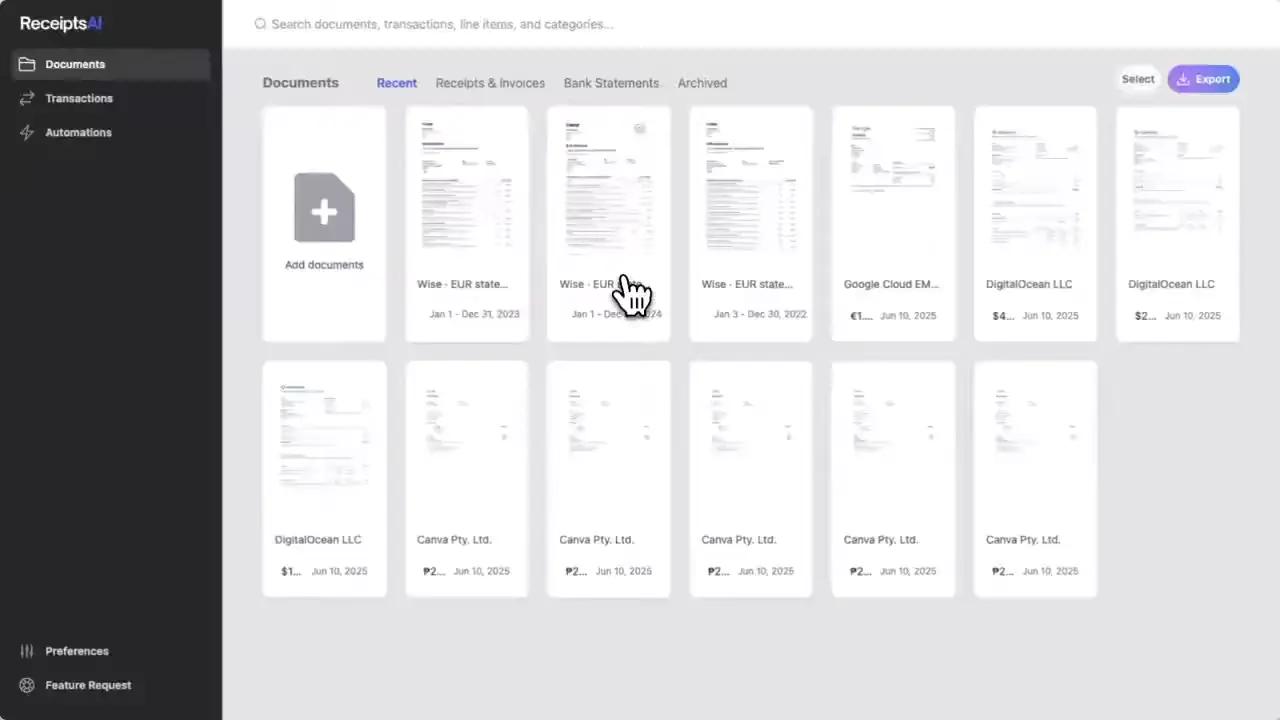 ReceiptsAI dashboard showing organized bookkeeping data